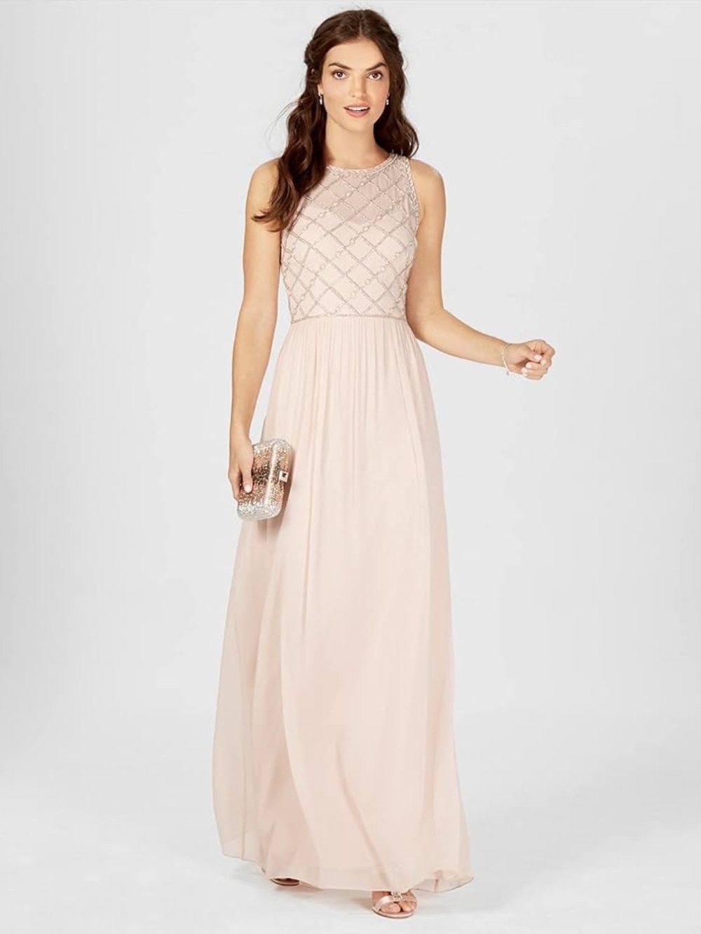 Adrianna Papell Beaded Bodice Sleeveless Blush Maxi Gown Size 2